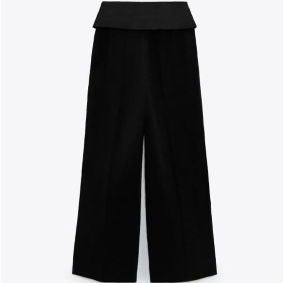 ZARA HIGH RISE FOLD DOWN WAISTBAND BLACK LONG LINEN BLEND PANT TROUSERS - Picture 7 of 8